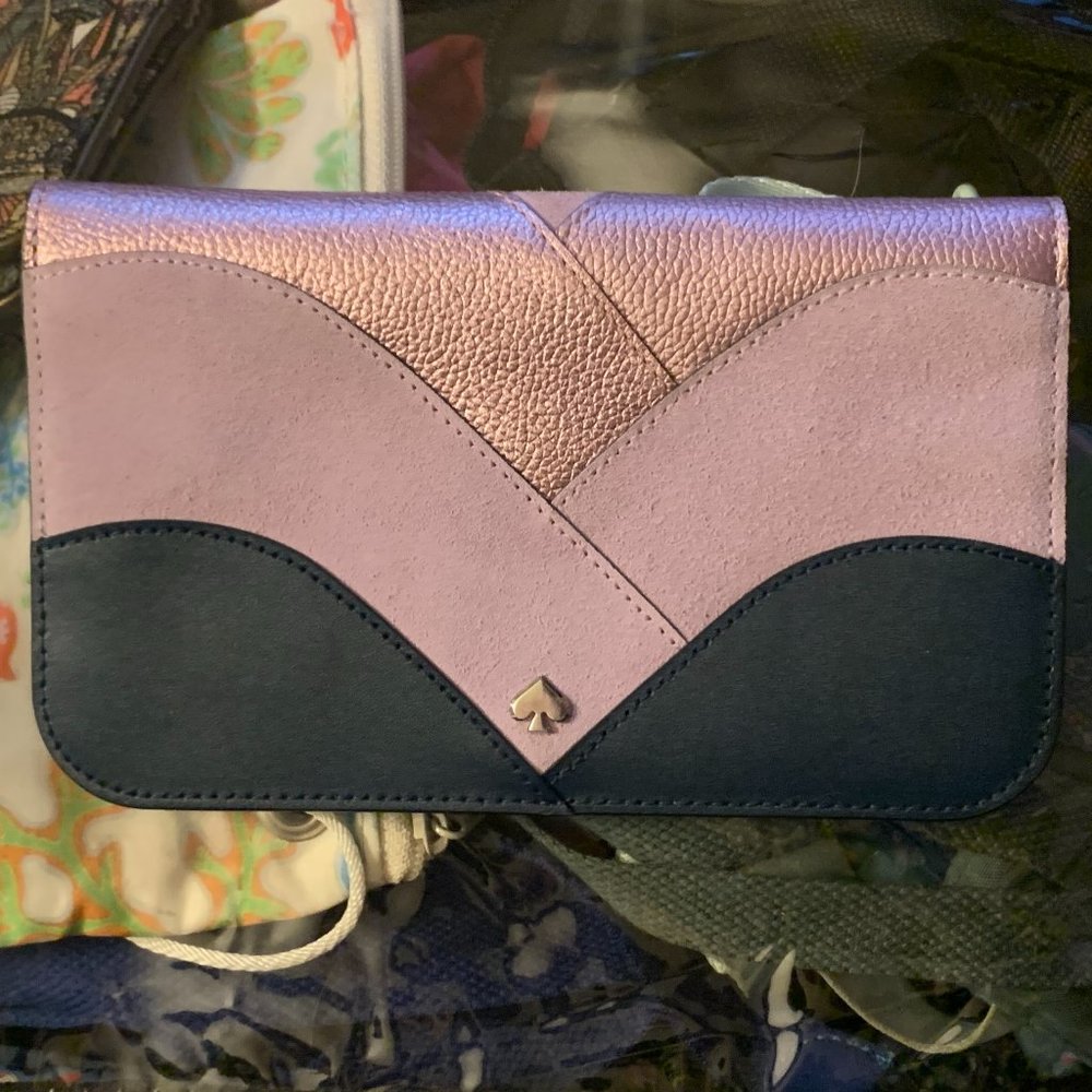 KATE SPADE NADINE LILAC METALLIC COLOR BLOCK MEDIUM CLUTCH CARD WALLET WLRU5589